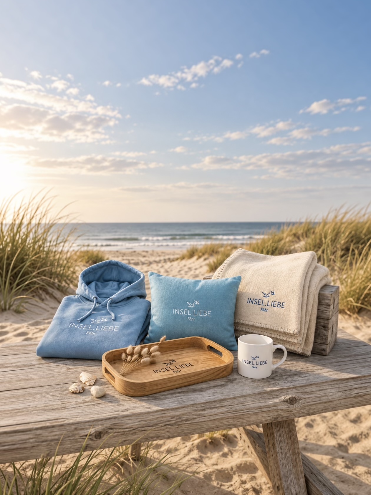 Hoodie, Kissen, Decke, Holztablett und Tasse der INSEL.LIEBE Föhr Kollektion vor einer Strandkulisse.