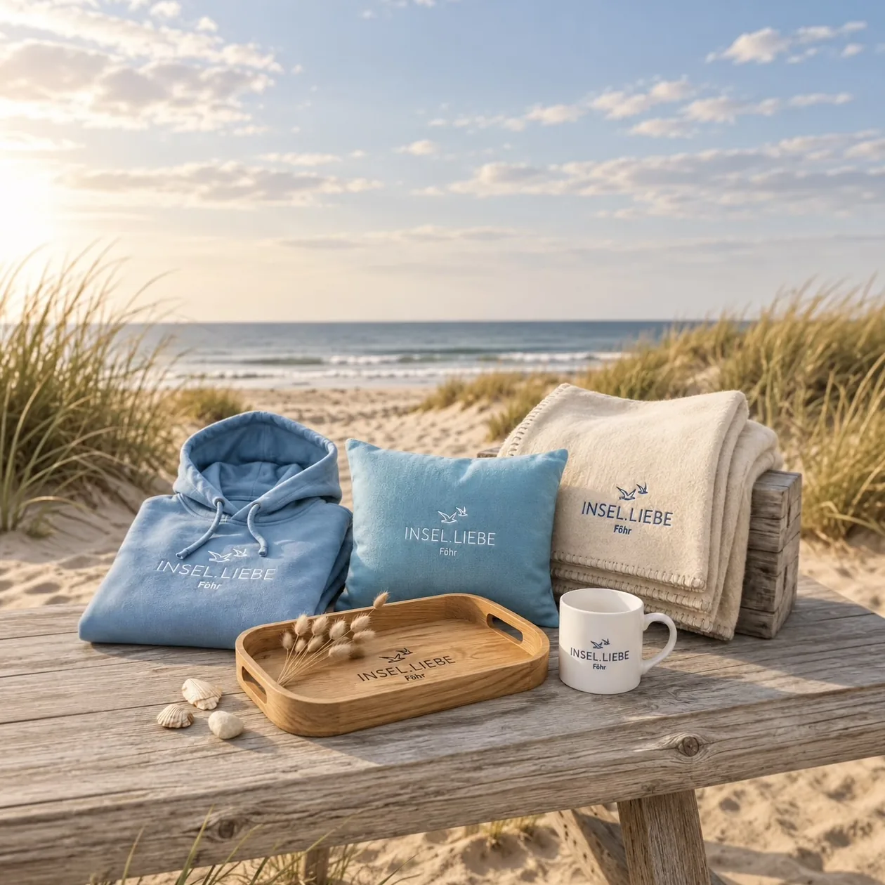 INSEL.LIEBE Föhr Kollektion mit Hoodie, Kissen, Decke, Holztablett und Tasse am Strand