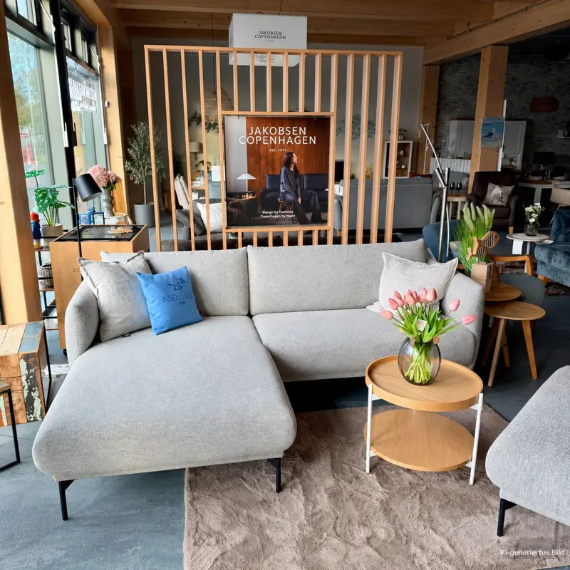 Helles Sofa mit Chaiselongue und Tulpen im INSELMÖBELHAUS auf Föhr